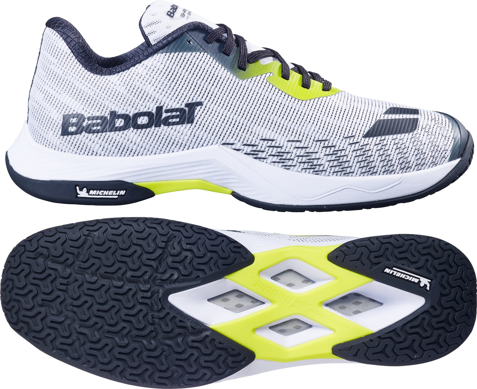 The Babolat Shadow Spirit 2 Men's Badminton Shoes in White/Lime feature grey and white uppers with black laces, vibrant lime accents, and a durable black sole. The images display both a side profile and the sole, highlighting Babolat and Michelin outsole branding. Engineered for top performance on the court, these shoes also include Comfort Soft cushioning to enhance comfort during play.