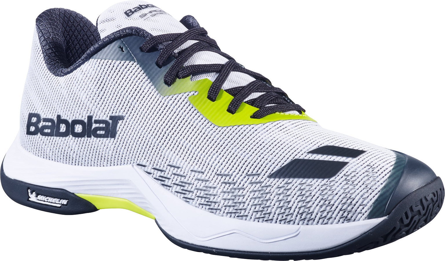 A white and gray Babolat Shadow Spirit 2 men's badminton shoe featuring black laces, black and lime accents, and a black sole. The "Babolat" branding and Michelin logo are visible on the side, emphasizing its robust Michelin outsole and Comfort Soft cushioning for enhanced support on the court.