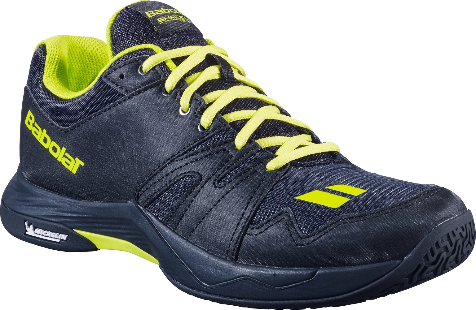 A pair of Babolat Shadow Team 2 Men's Badminton Shoes in black with striking lime laces, logo, and inner lining. Designed for versatile indoor court use, the sole includes the Michelin logo to provide enhanced durability and grip.