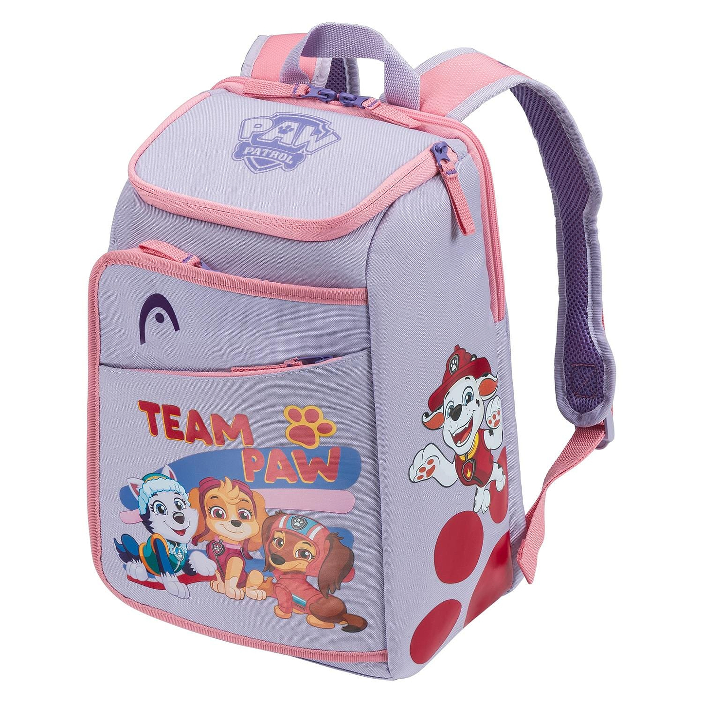 The HEAD x Paw Patrol Kids Tennis Backpack in purple features "TEAM PAW" and paw prints with Everest, Skye, and Marshall—perfect as a stylish kids’ backpack for tennis or badminton.