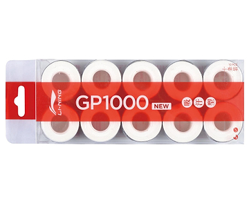 The Li-Ning GP1000 Badminton Overgrip, a 10 pack in white, comes neatly displayed in clear plastic packaging with a red label featuring white text and symbols, emphasizing its premium polyurethane material.