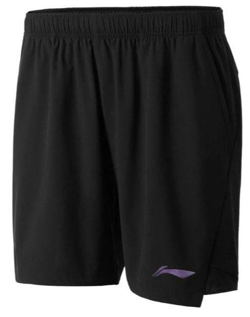 The Li-Ning Tournament Men's Badminton Shorts in black feature an elastic waistband and subtle logo near the hem. These high-performance shorts are moisture-wicking, making them lightweight and ideal for sports like badminton or casual wear.