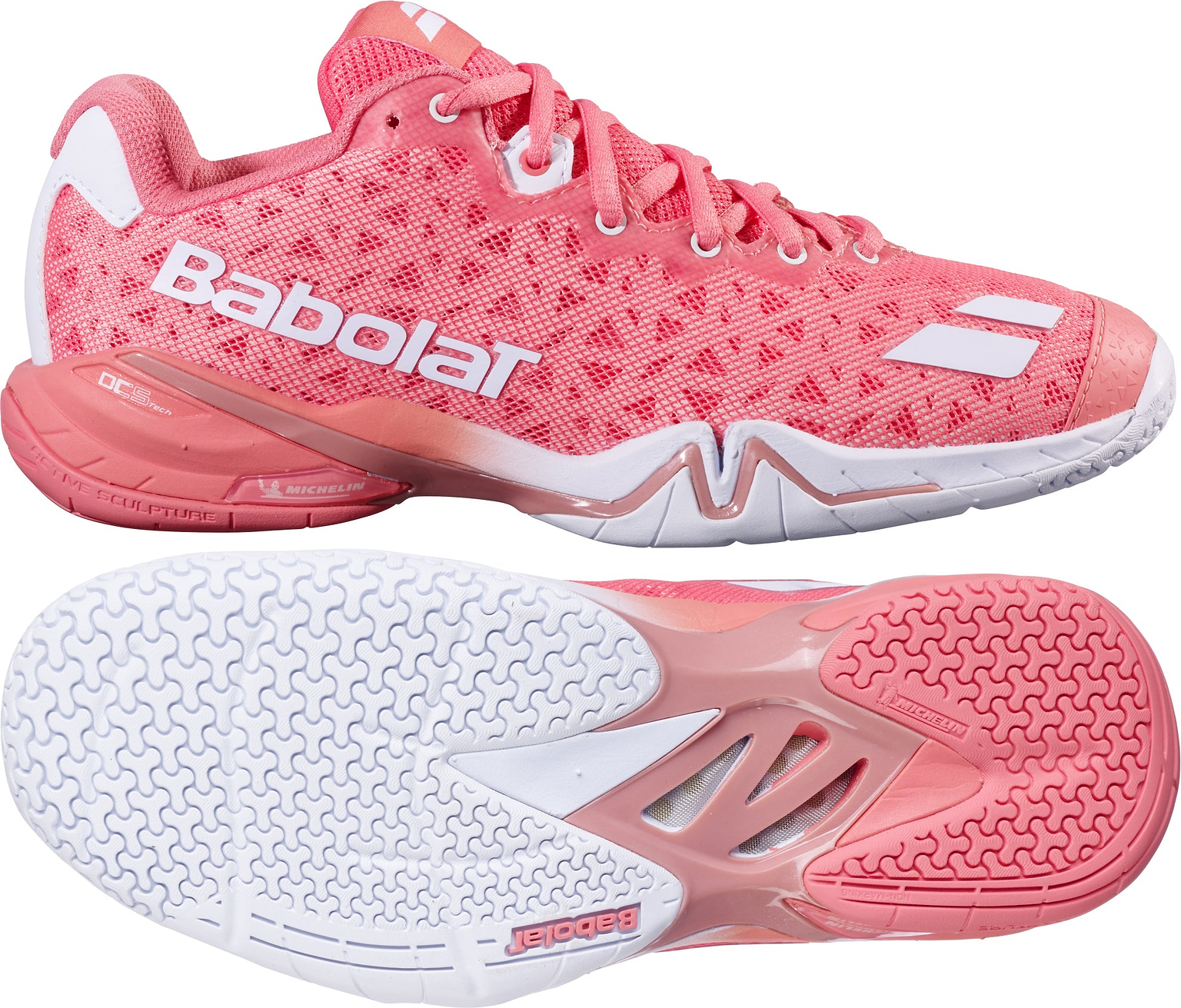 A pair of Babolat Shadow 4 Womens Badminton Shoes in Shell Pink and White, displayed from the side and bottom, featuring white accents, white soles, and pink laces—engineered by Babolat to provide exceptional stability for advanced players.