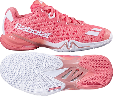 A pair of Babolat Shadow 4 Womens Badminton Shoes in Shell Pink and White, displayed from the side and bottom, featuring white accents, white soles, and pink laces—engineered by Babolat to provide exceptional stability for advanced players.