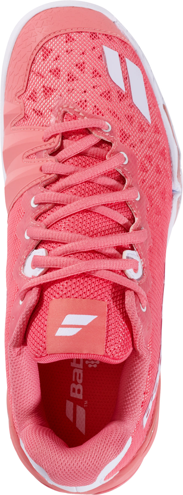 A top view of the Babolat Shadow 4 Women's Badminton Shoes in Shell Pink and White, featuring white accents, white laces, a breathable mesh texture, and the Babolat logo on the tongue and inner sole, specially designed to provide enhanced stability for advanced players.