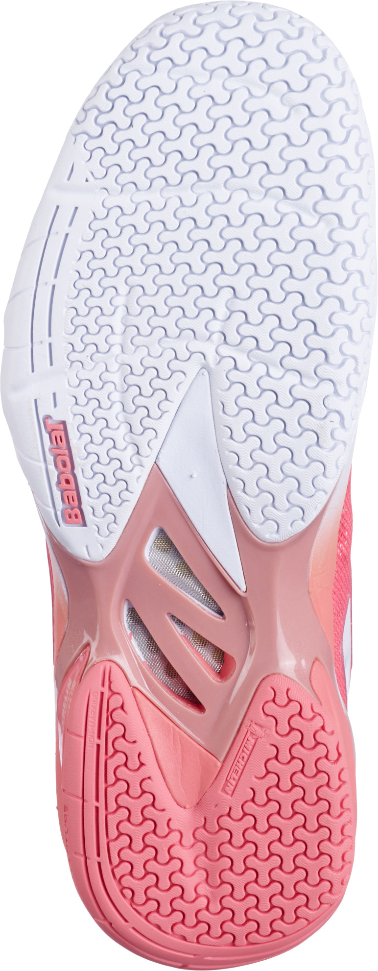 The image displays the sole of the Babolat Shadow 4 Womens Badminton Shoes in Shell Pink and White, with a predominantly white base accented by pink sections, showcasing a textured grip pattern for enhanced stability; the "Babolat" brand name is embossed near the heel—making these shoes an excellent choice for advanced players who demand superior performance.
