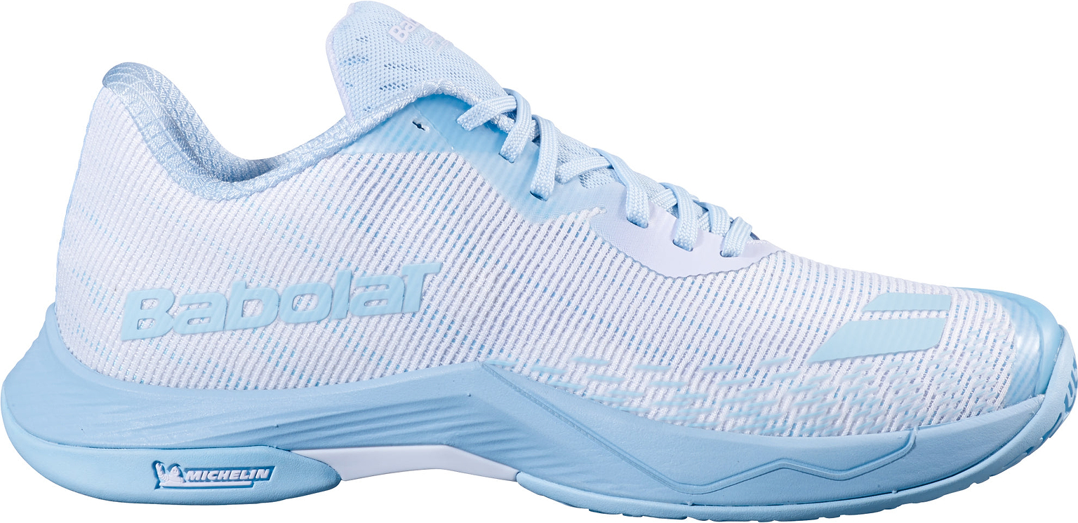 Introducing the Babolat Shadow Spirit 2 Womens Badminton Shoes in White and Blue—a performance-driven shoe featuring a breathable mesh upper, a durable blue Michelin outsole with subtle Michelin branding, and comfort-focused cushioning for outstanding support and play on the court.