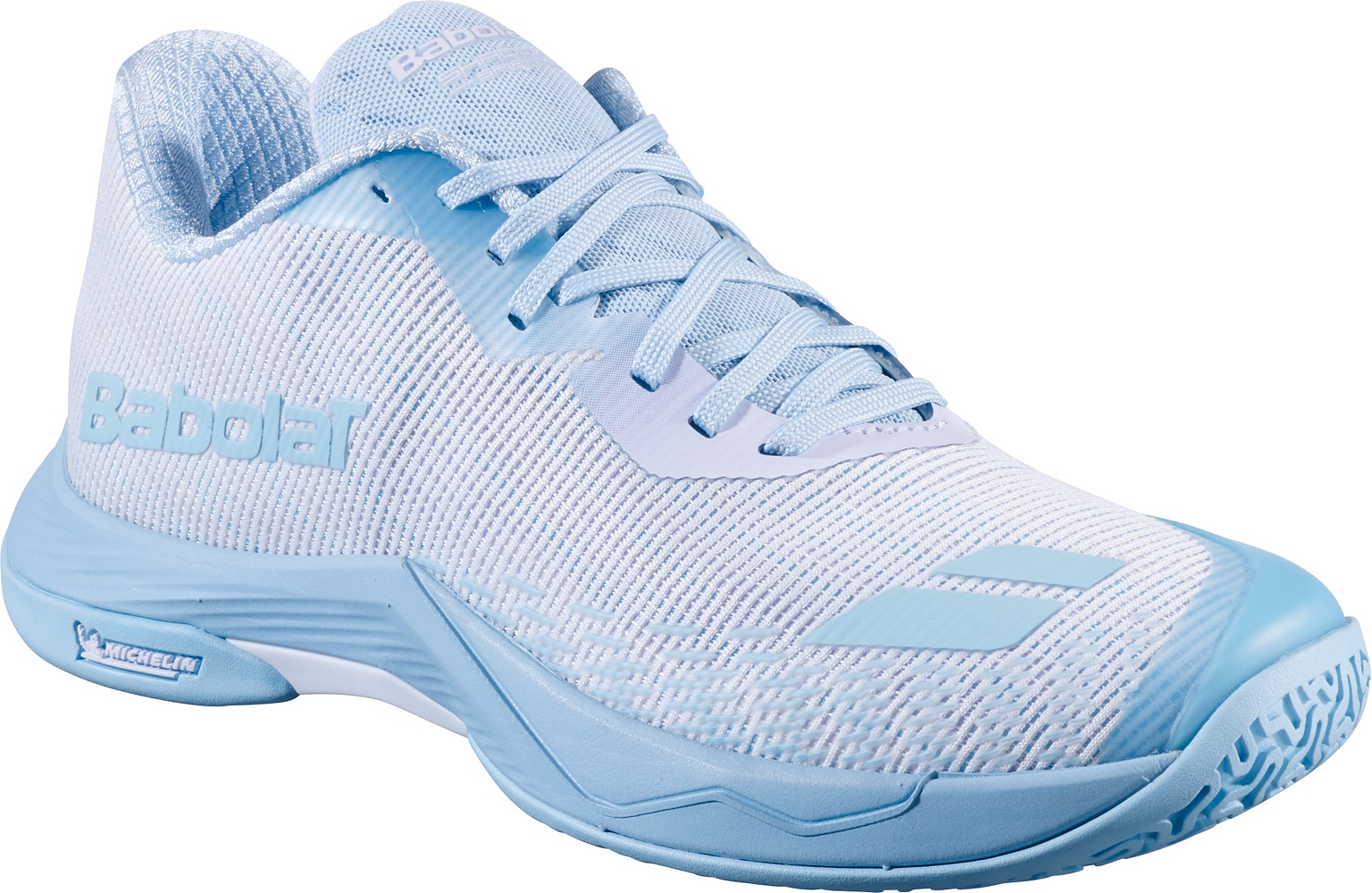 The Babolat Shadow Spirit 2 Women's Badminton Shoes in White and Blue feature a lace-up design, breathable mesh upper, and textured sole. "Babolat" and "Michelin" logos are displayed on the side and heel. These shoes offer a durable Michelin outsole and enhanced comfort cushioning, delivering superior performance on the court.