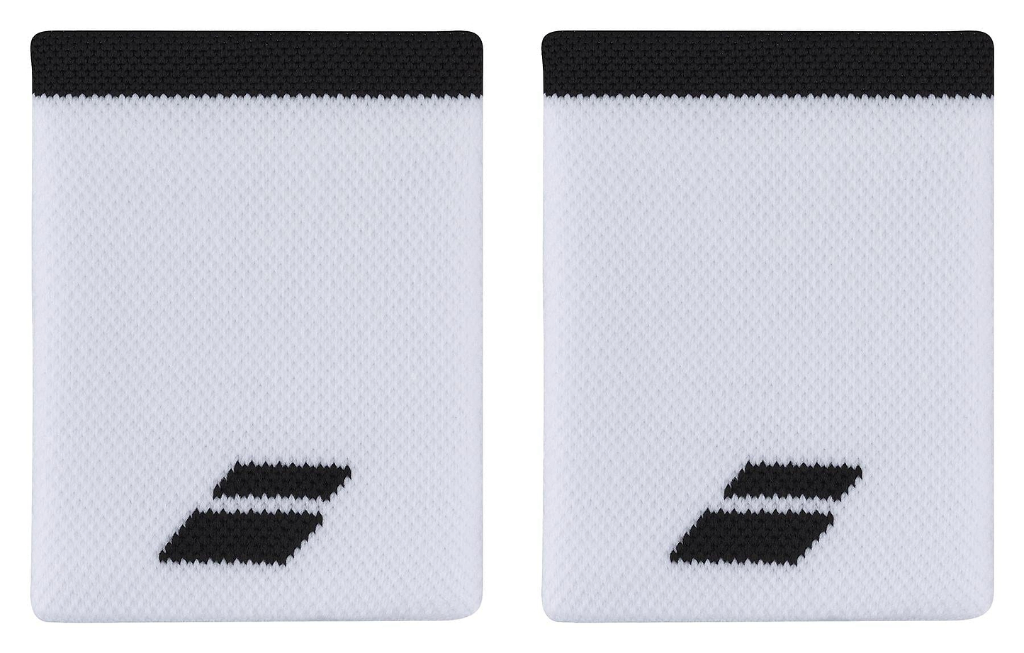 A pair of Babolat Jumbo Logo Wristbands by Babolat, featuring a black rectangular design set against a white backdrop and accented with a sleek black border on top for added style and absorbency.