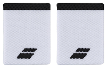 A pair of Babolat Jumbo Logo Wristbands by Babolat, featuring a black rectangular design set against a white backdrop and accented with a sleek black border on top for added style and absorbency.