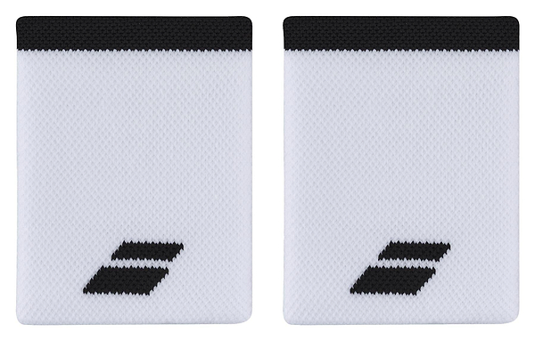 A pair of Babolat Jumbo Logo Wristbands by Babolat, featuring a black rectangular design set against a white backdrop and accented with a sleek black border on top for added style and absorbency.