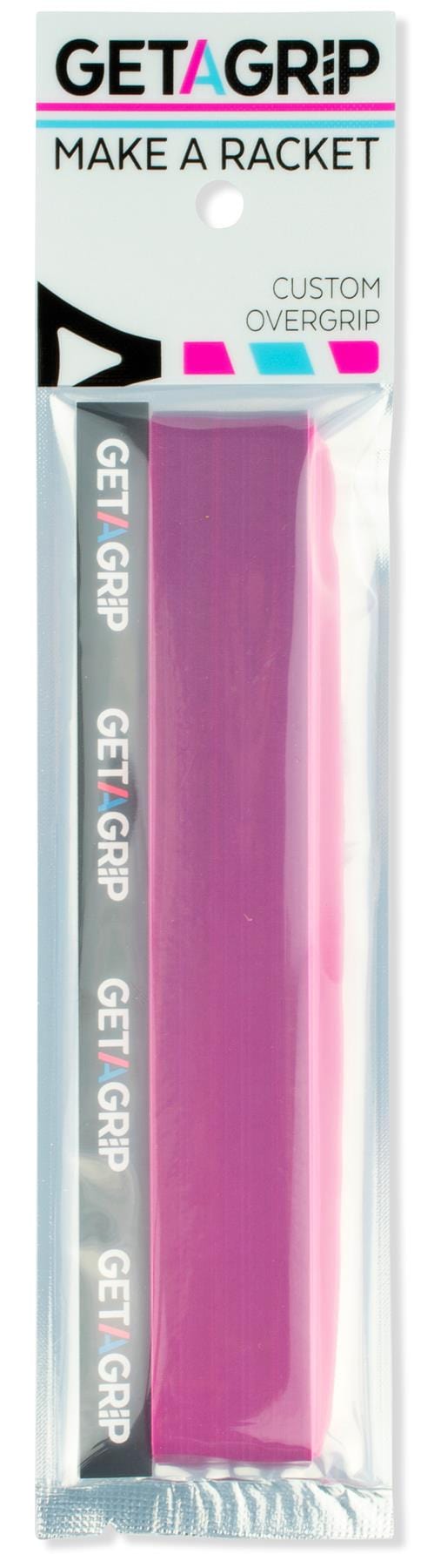 The Get a Grip Badminton Overgrip - Cascade by Get A Grip includes pink and black grips (black with "GET A GRIP" text), packaged in clear plastic for excellent moisture absorption.