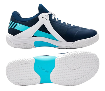 Introducing the Kanso Equilibrium EQx3 Unisex Badminton Shoes in navy: designed for optimal energy return with a sturdy upper, white laces, teal accents, and textured sole. The design showcases the Kanso logo on side and bottom views, accentuating its athletic appeal.