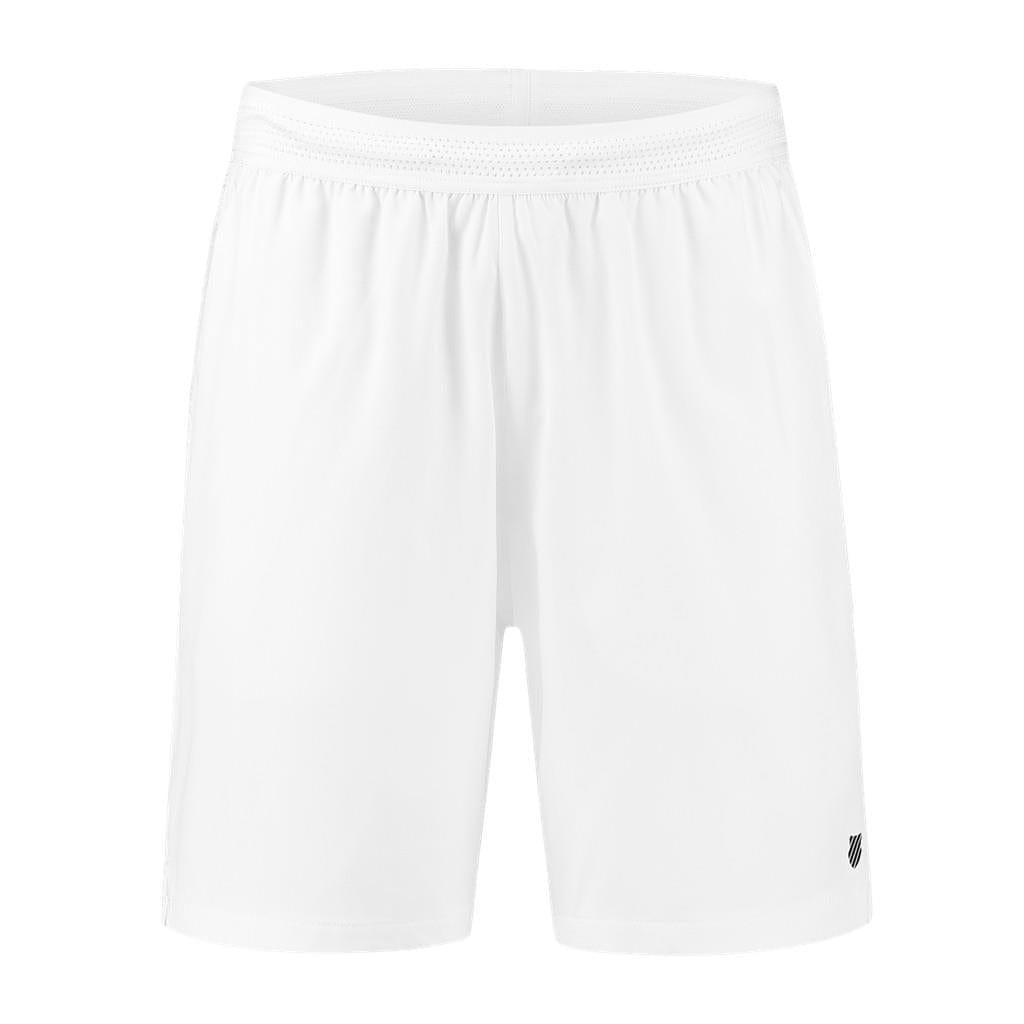 The K-Swiss Hypercourt Men's Shorts in white are designed with an elastic waistband for comfort. They showcase a small black logo near the bottom hem, inspired by the K-Swiss Hypercourt line, enhancing their performance clothing appeal against a clean white background.