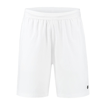 The K-Swiss Hypercourt Men's Shorts in white are designed with an elastic waistband for comfort. They showcase a small black logo near the bottom hem, inspired by the K-Swiss Hypercourt line, enhancing their performance clothing appeal against a clean white background.