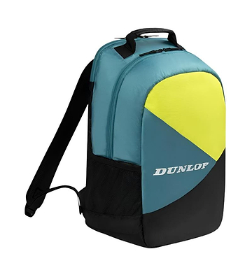 The Dunlop SX Club Badminton Backpack in teal, black, and yellow features a zippered main compartment, a racket compartment, black padded shoulder straps, and side mesh pockets.