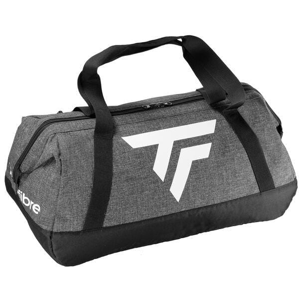 The Tecnifibre All Vision Badminton Duffle Bag - Grey by Tecnifibre is a stylish gray and black bag tailored for racquet sports fans. It features robust black handles and a unique white logo. Its wide-angle opening with a zippered top makes it perfect for effortlessly storing all your sports or travel essentials.
