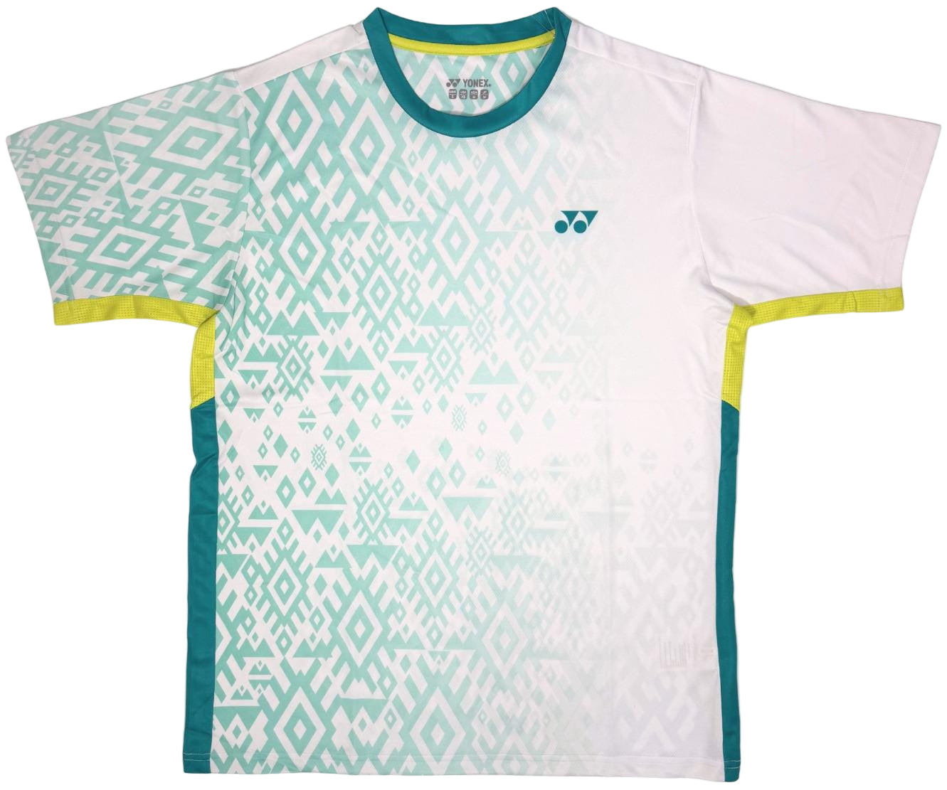 The Yonex YTM11 Mens Badminton T-Shirt - White by Yonex features green geometric patterns, yellow trim, and a small chest logo. Made with Air-Release fabric, it offers breathability and comfort for players.