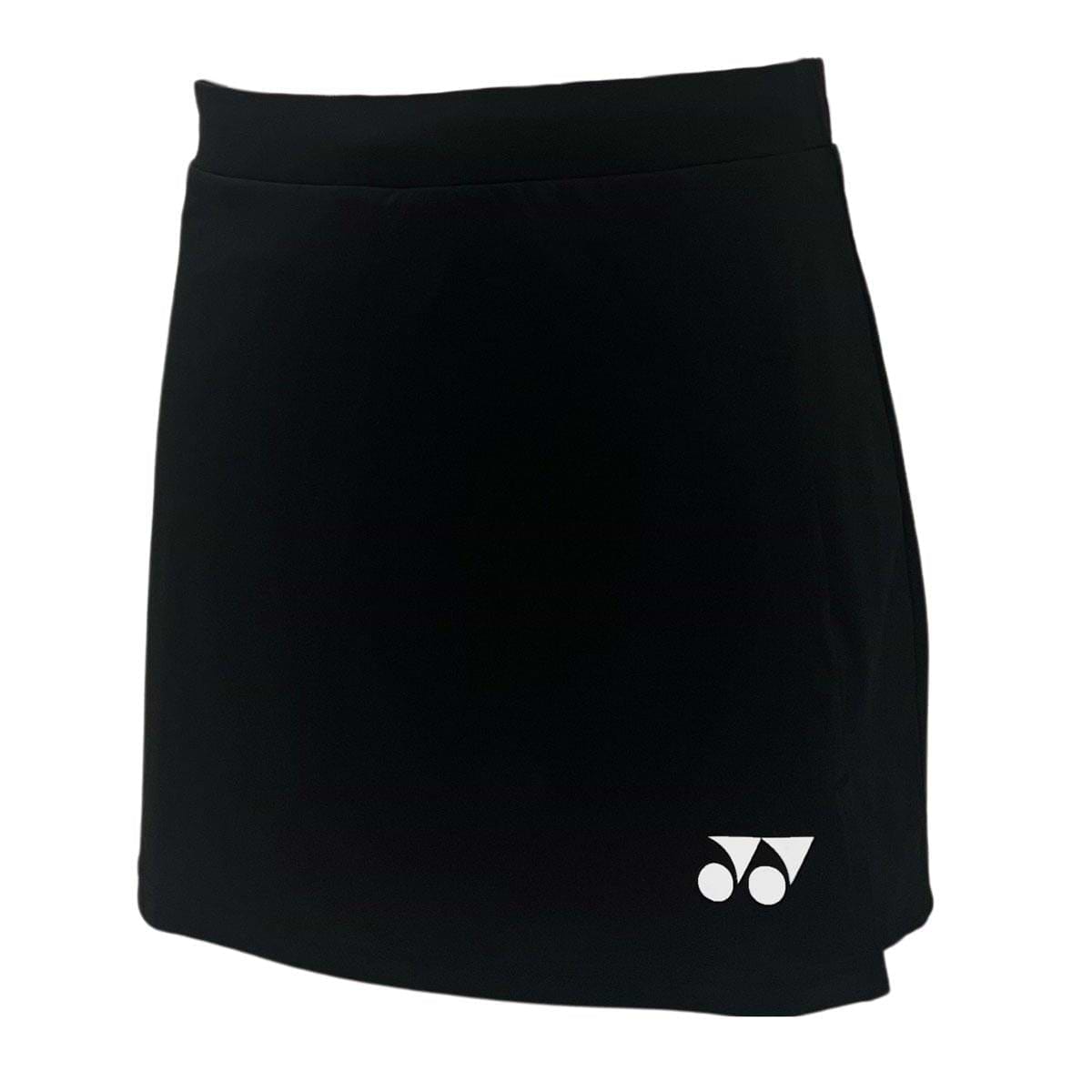 The Yonex YSKT2024 Women's Badminton Skirt/Skort in black boasts a sleek design with a subtle white logo at the bottom right, combining modern fit and moisture-wicking fabric for style and comfort on the court.