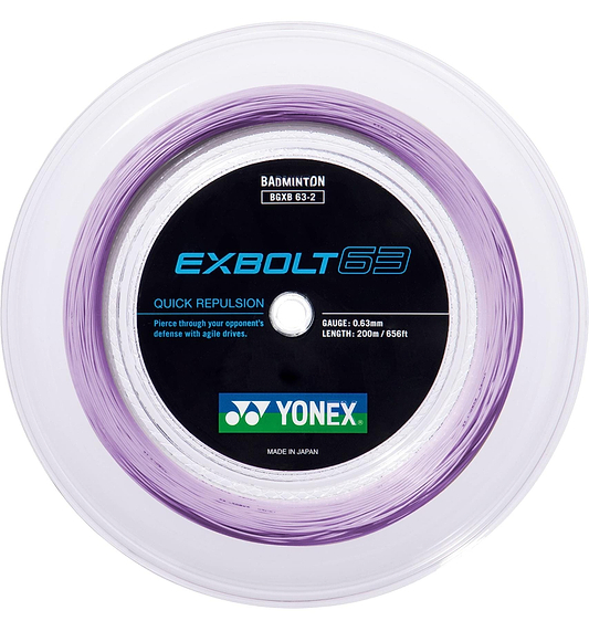 The Yonex Exbolt 63 Badminton String Lavender is a 0.63mm, 200m reel featuring FORGED FIBER technology. It has a clear outer edge with purple string inside, and the label displays Yonex branding and product info.
