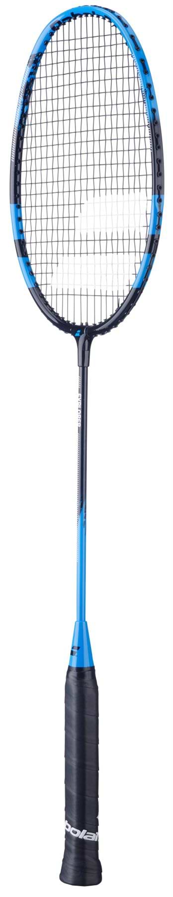 The Babolat Explorer 2026 Badminton Racket by Babolat, designed for beginners, features a blue and black frame with a black grip, white strings, and lightweight construction for easy power generation.