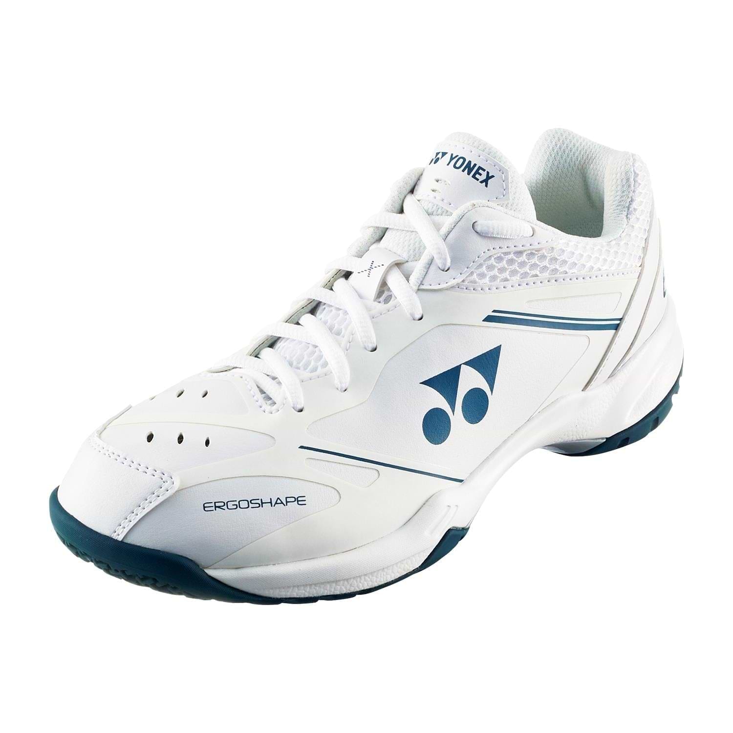 The Yonex Power Cushion 65X4 Badminton Shoes in white feature a black logo, breathable mesh upper, and ergonomic lace-up design for enhanced comfort and performance. The dark outsole is designed to reduce fatigue during play.