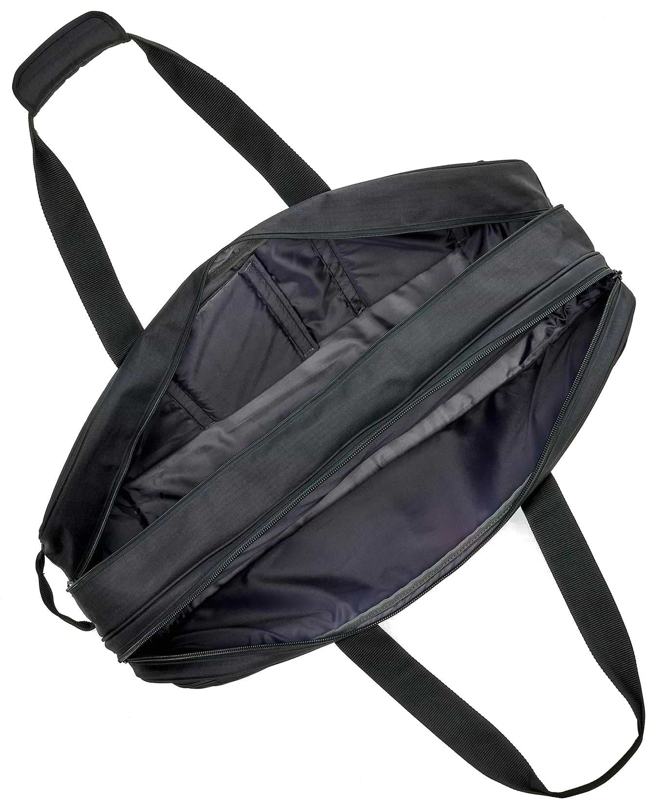 The Yonex BA72631WEX Gearlogic Tournament Badminton Bag - Black is displayed unzipped, with two carrying straps and a roomy, empty interior lined in dark fabric.