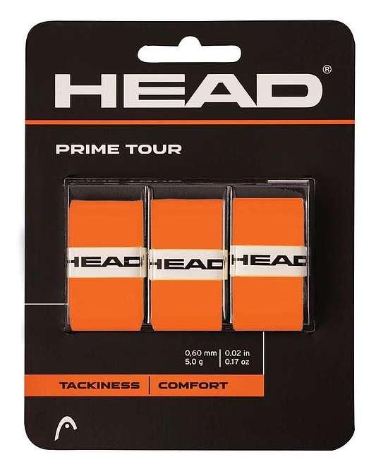 HEAD Prime Tour Badminton Overgrip 3-pack in vibrant orange includes three individually wrapped grips, highlighting their exceptional tackiness and superior comfort, making them perfect for players seeking enhanced performance.