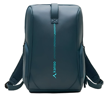 A stylish navy "Kanso" Intuko Badminton 23L Backpack showcases a sleek vertical light blue stripe on the front, featuring breathable mesh fabric on the shoulder straps.