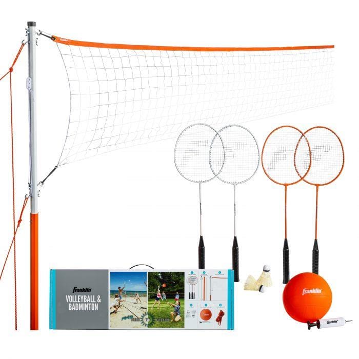 The Franklin Starter 4 Player Badminton / Volley Set by Franklin features a net, two premium alloy steel badminton rackets, two shuttlecocks, a volleyball with pump, and comes with clear instructions for easy setup.