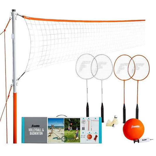 The Franklin Starter 4 Player Badminton / Volley Set by Franklin features a net, two premium alloy steel badminton rackets, two shuttlecocks, a volleyball with pump, and comes with clear instructions for easy setup.