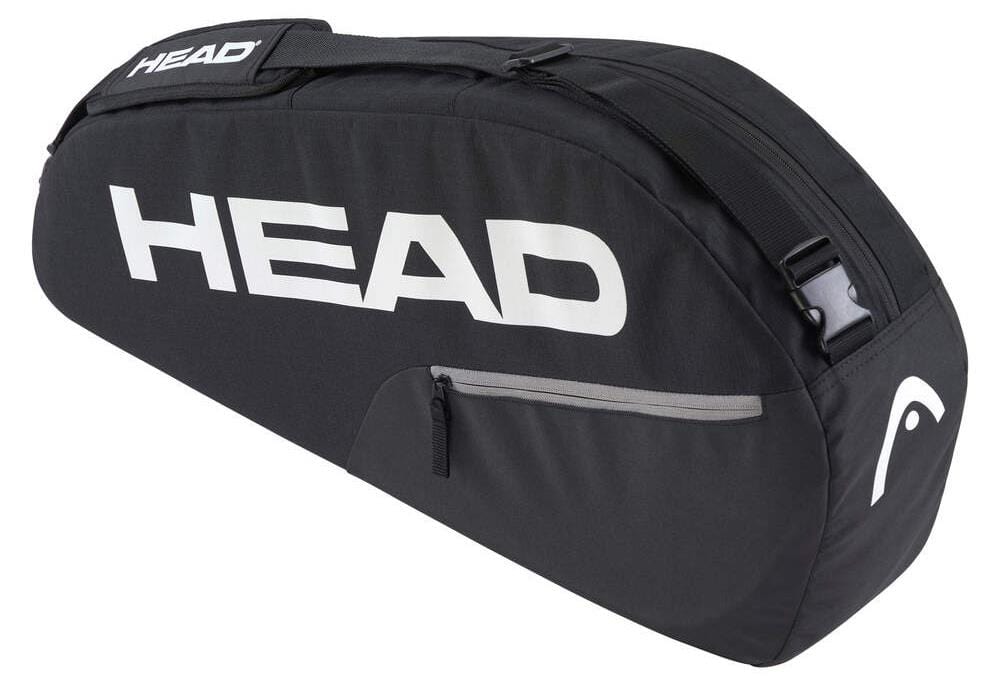The HEAD BASE 3 Racket Badminton Bag S - BK is a sleek black bag with a large white "HEAD" logo, featuring a zippered compartment, reinforced construction, and adjustable shoulder straps, ideal for carrying sports equipment like tennis rackets.