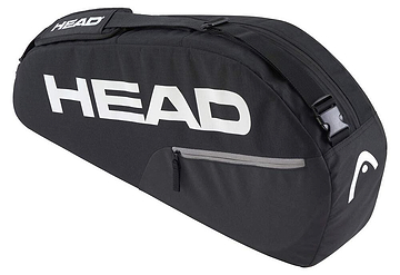 The HEAD BASE 3 Racket Badminton Bag S - BK is a sleek black bag with a large white "HEAD" logo, featuring a zippered compartment, reinforced construction, and adjustable shoulder straps, ideal for carrying sports equipment like tennis rackets.
