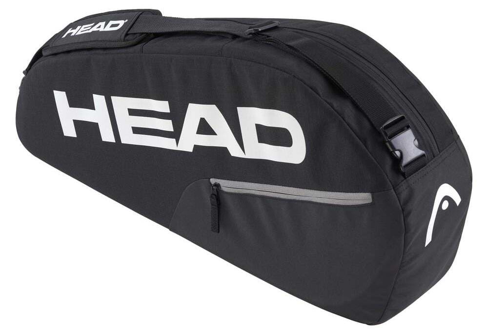 The HEAD BASE 3 Racket Badminton Bag S - BK is a sleek black bag with a large white "HEAD" logo, featuring a zippered compartment, reinforced construction, and adjustable shoulder straps, ideal for carrying sports equipment like tennis rackets.