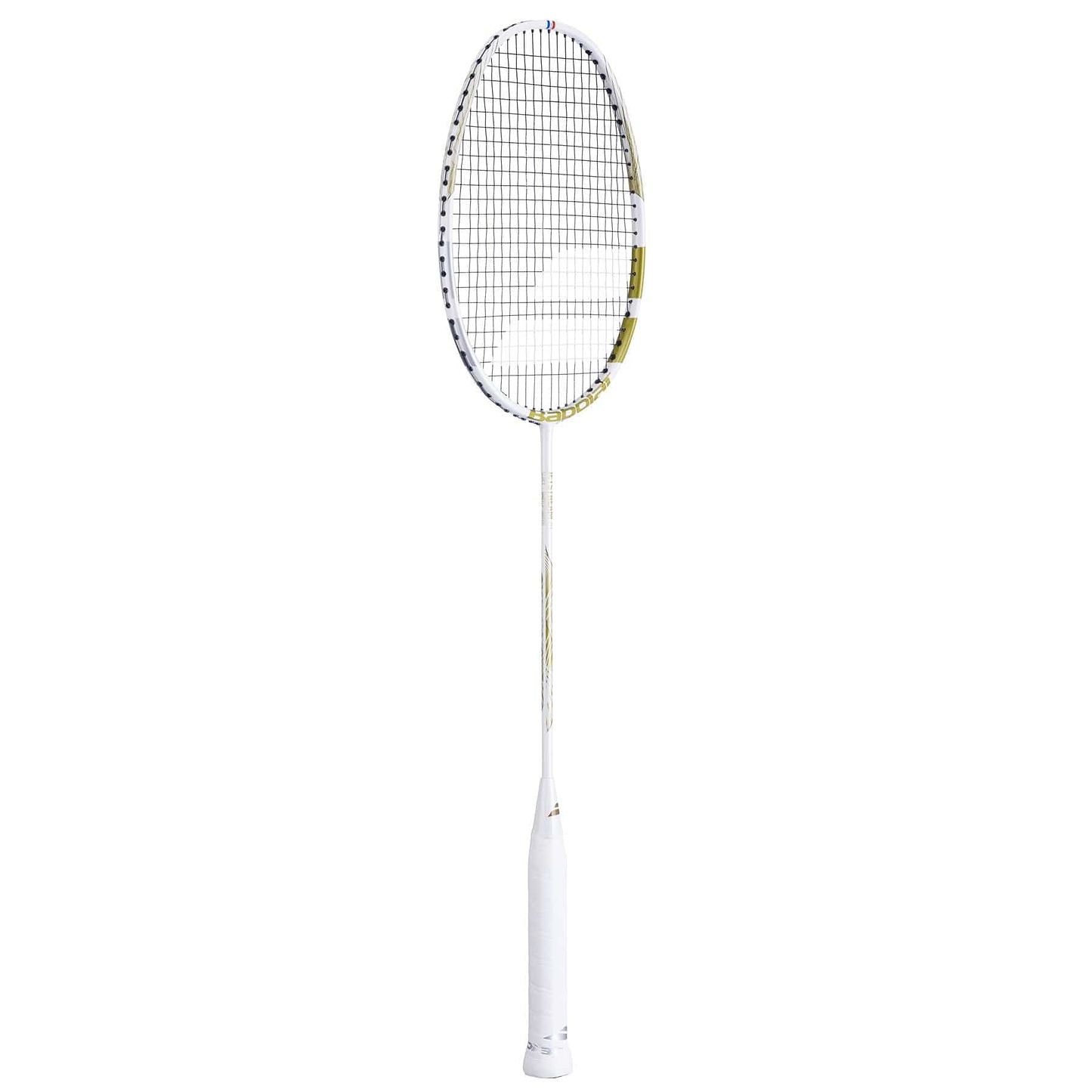 The Babolat Jetstream 74 6U Badminton Racket in White/Gold features an ultra-light build with an oval head, a white handle, and tightly strung netting on a slender shaft for superior precision, ideal for elevating your court performance.
