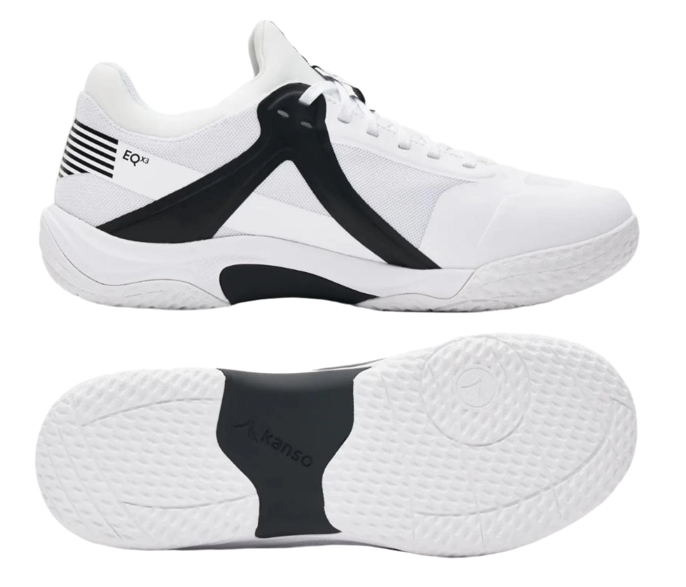 Kanso Equilibrium EQx3 Badminton Shoes feature a white design with black accents and Speedlight Foam for superior shock absorption. Mesh panels and a bold black support structure define the upper, while the textured sole ensures grip. "Kanso" branding adds to the modern, sporty aesthetic.