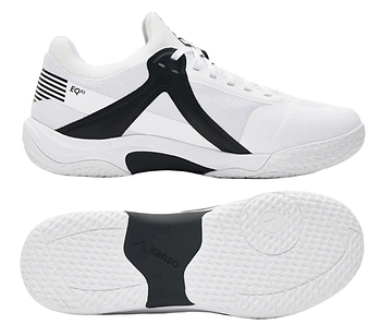 Kanso Equilibrium EQx3 Badminton Shoes feature a white design with black accents and Speedlight Foam for superior shock absorption. Mesh panels and a bold black support structure define the upper, while the textured sole ensures grip. "Kanso" branding adds to the modern, sporty aesthetic.