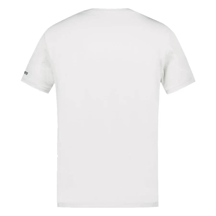 Back view of the Le Coq Sportif Pro Mens Badminton T-Shirt - Optical White, a plain white, breathable shirt by Le Coq Sportif with no visible logos or patterns, shown on a white background—ideal premium badminton apparel for men.