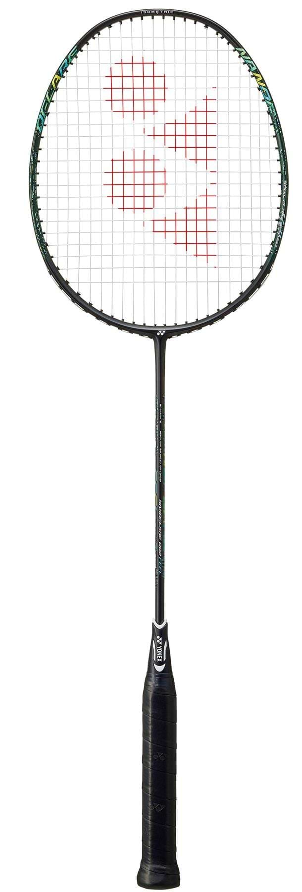 The Yonex Nanoflare 002 Feel 4U Badminton Racket in black/green features a head light balance, dark handle, and a circular head with white strings and a red center design.