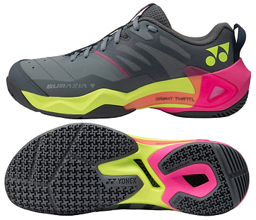 Two views of the Yonex Subaxia GT WIDE Unisex Badminton Shoes in grey: a side view with neon pink and yellow accents, and a sole view featuring black and neon yellow tread, "YONEX" branding, and Power Cushion Rev for comfort.