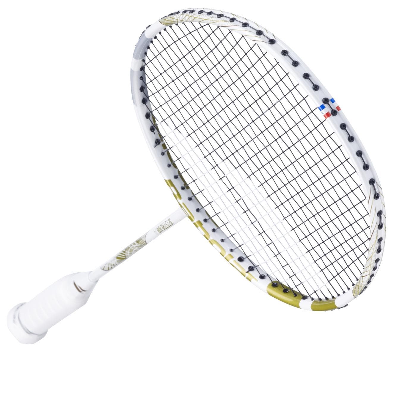 The Babolat Jetstream 74 6U Badminton Racket features a sleek white frame with gold accents and a shot optimizer for enhanced performance. Tightly woven strings and red-blue markings enhance its elegant design, making it a standout choice.