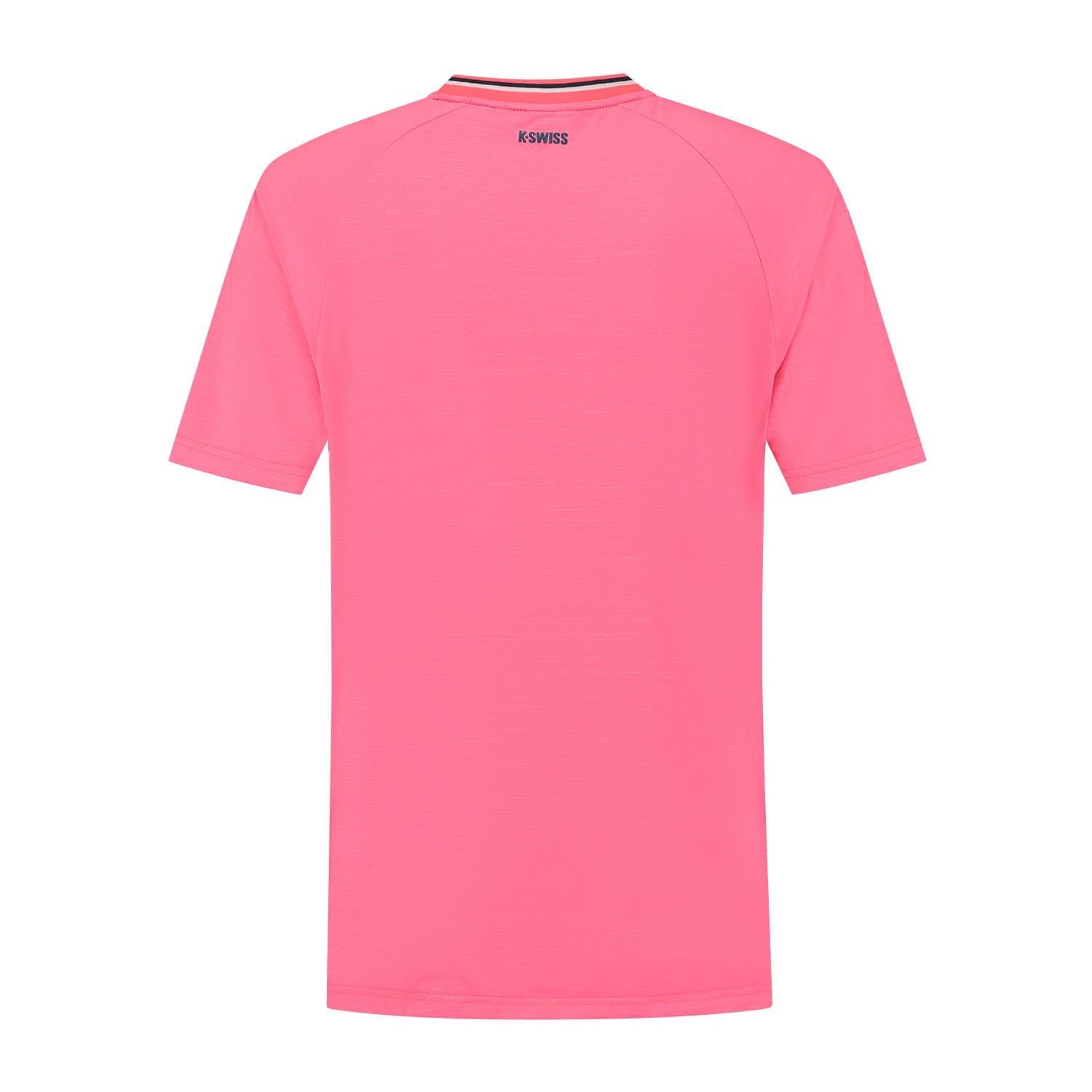 Back view of the K-Swiss Hypercourt Mens Melange 3 Badminton T-Shirt in pink, featuring a "K-SWISS" logo near the collar—a stylish pick from K-Swiss for any men's badminton shirt collection.