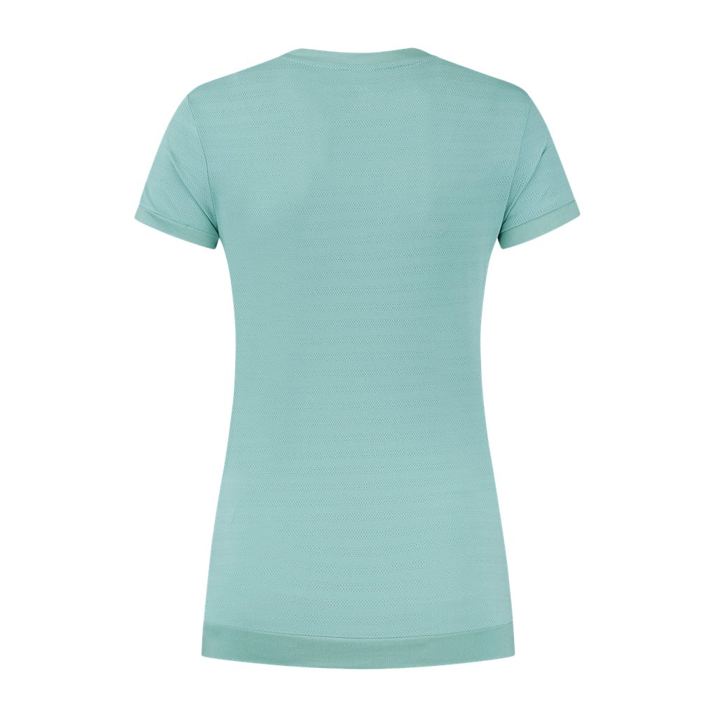 A Nile blue women's badminton top with short sleeves and a V-neck, viewed from the back, is part of the K-Swiss Tac Hypercourt collection. It features a simple design and appears to be made of soft, breathable fabric.