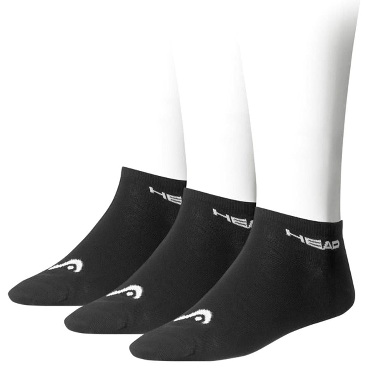 A pack of three HEAD Sneaker Badminton Socks in black is shown upright against a white background. Each features the "HEAD" logo in white near the cuff and a white toe design, all crafted from a soft cotton blend for comfort.