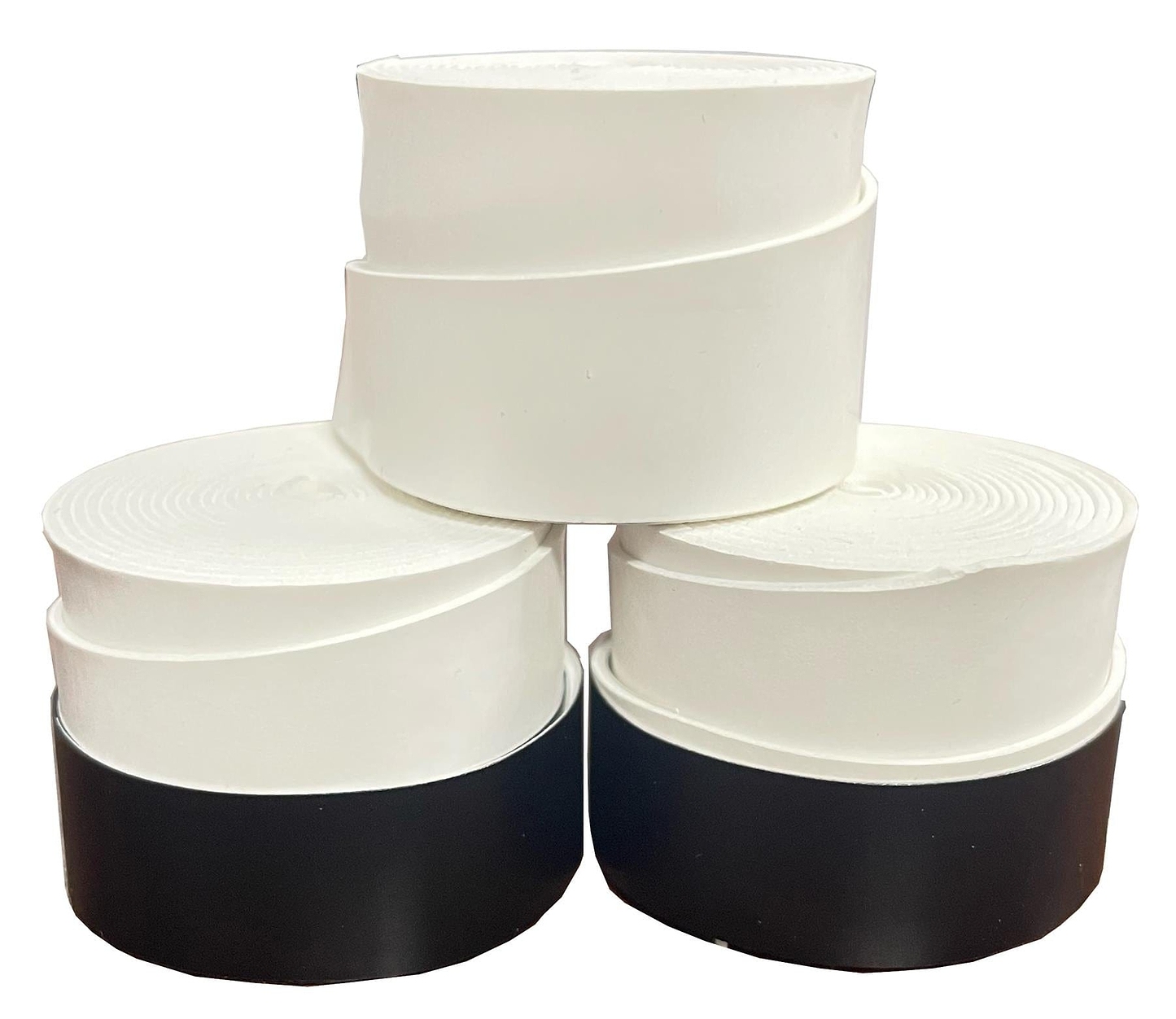 Three BadmintonHQ Badminton Overgrip - White (3 Pack) cylindrical containers are stacked in a pyramid, with two at the base featuring black bases and one all-white on top, highlighting their comfort and shock absorption qualities.