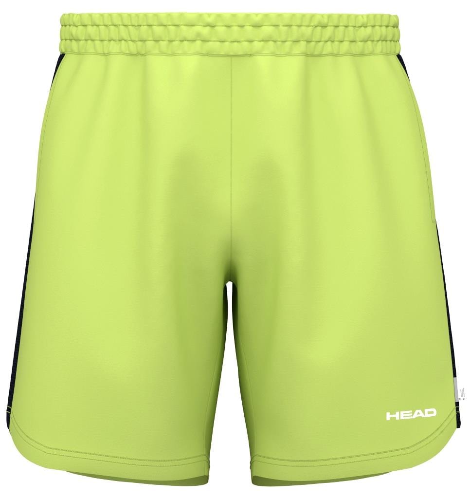 The HEAD Power Men's Badminton Shorts - LL are bright green with black side panels, featuring advanced moisture transfer technology and an elastic waistband. "HEAD" is printed in white on the bottom-right corner for a stylish and comfortable look.