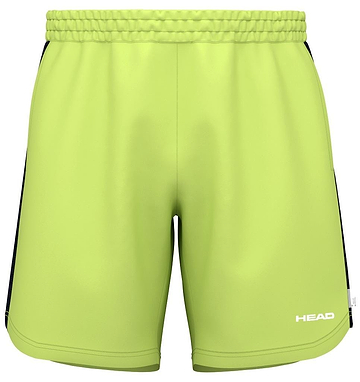 The HEAD Power Men's Badminton Shorts - LL are bright green with black side panels, featuring advanced moisture transfer technology and an elastic waistband. "HEAD" is printed in white on the bottom-right corner for a stylish and comfortable look.