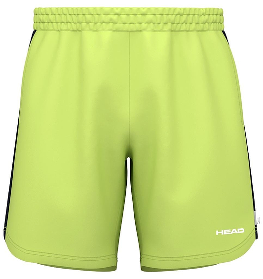 The HEAD Power Men's Badminton Shorts - LL are bright green with black side panels, featuring advanced moisture transfer technology and an elastic waistband. "HEAD" is printed in white on the bottom-right corner for a stylish and comfortable look.