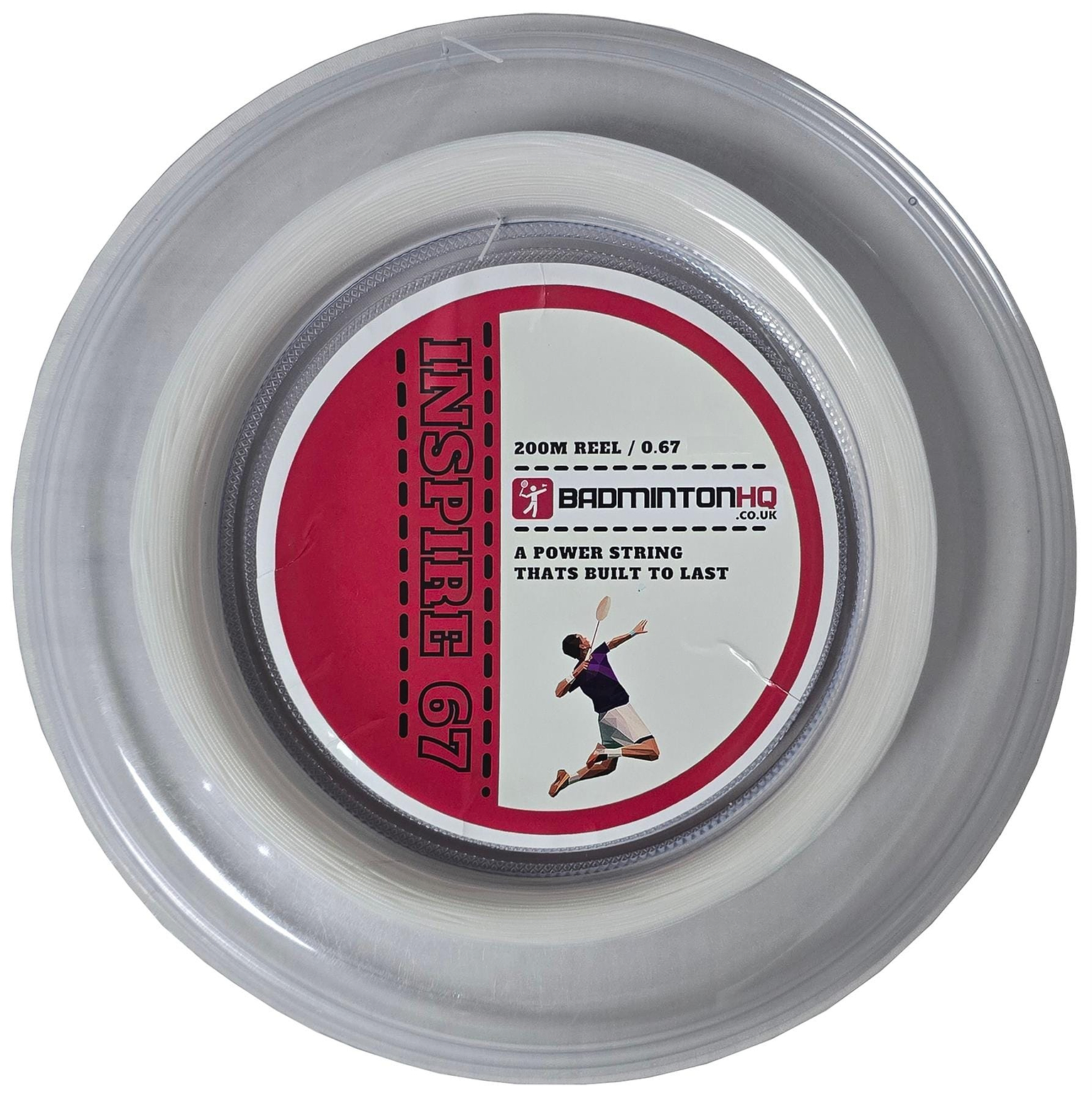 The BadmintonHQ Inspire 67 Zoom string in white, with a 0.67mm gauge and nylon multifilament composition, offers power and durability. Available in a 200m reel, its red and white design features a player image, perfect for those demanding excellence on the court.