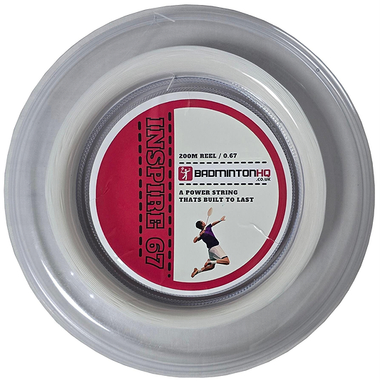 The BadmintonHQ Inspire 67 Zoom string in white, with a 0.67mm gauge and nylon multifilament composition, offers power and durability. Available in a 200m reel, its red and white design features a player image, perfect for those demanding excellence on the court.